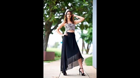 Long navy skirt and patterned top