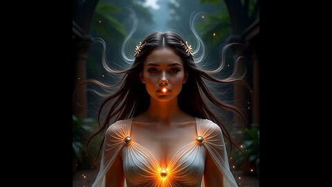 Floating woman dissolving into thousands of fireflies that spell ancient symbols before reforming