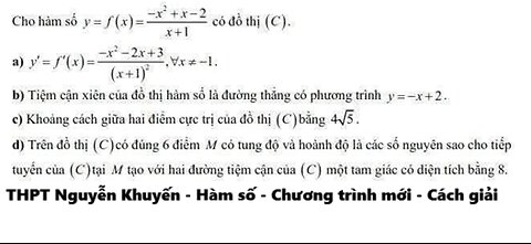 THPT Nguyễn Khuyến 2026: Cho hàm số y=f(x)= (-x^2+x-2)/(x+1) có đồ thị (C).