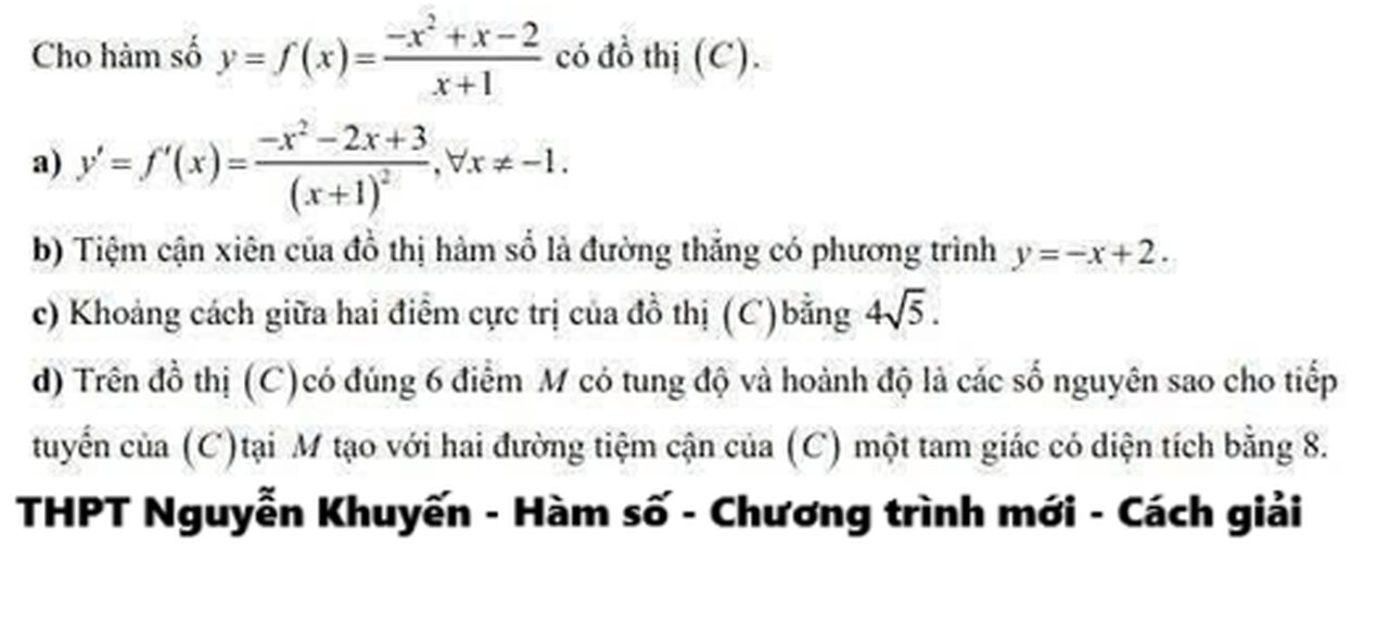 THPT Nguyễn Khuyến 2026: Cho hàm số y=f(x)= (-x^2+x-2)/(x+1) có đồ thị (C).