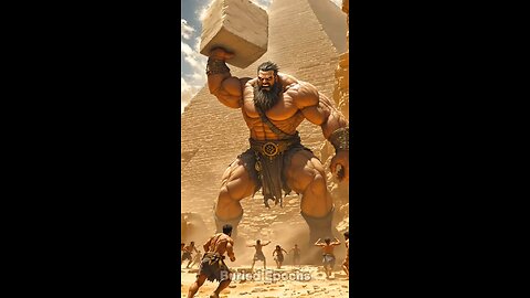 Mythical giants and humans constructing the great pyramid