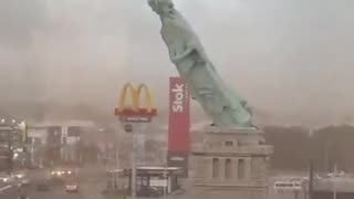 Replica of Statue of Liberty toppled by strong winds in Guaíba, Porto Alegre, Brazil.