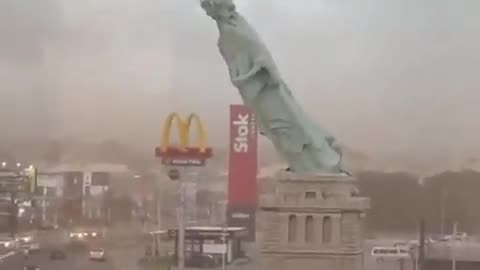 Replica of Statue of Liberty toppled by strong winds in Guaíba, Porto Alegre, Brazil.