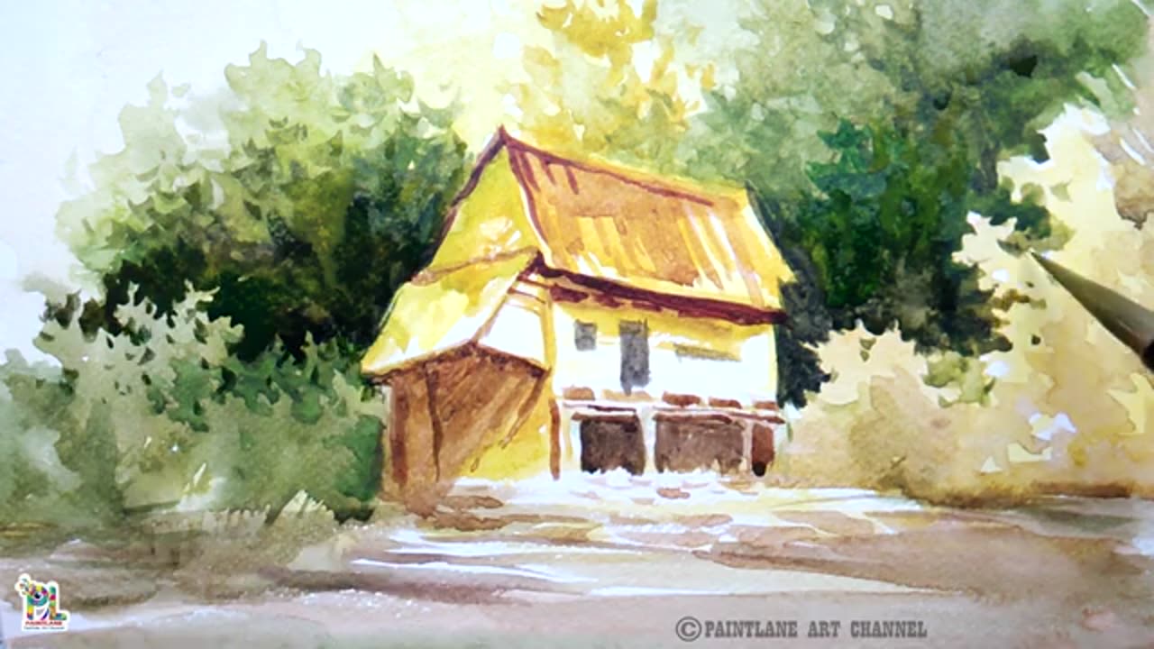 Wooden Cabin Painting in a Scenery Art || PAINTLANE Painting