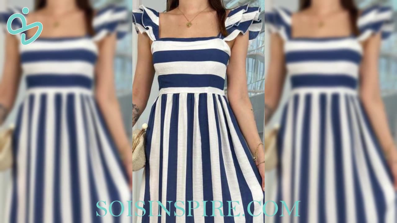 Smocked Striped Square Neck Cap Sleeve Dress