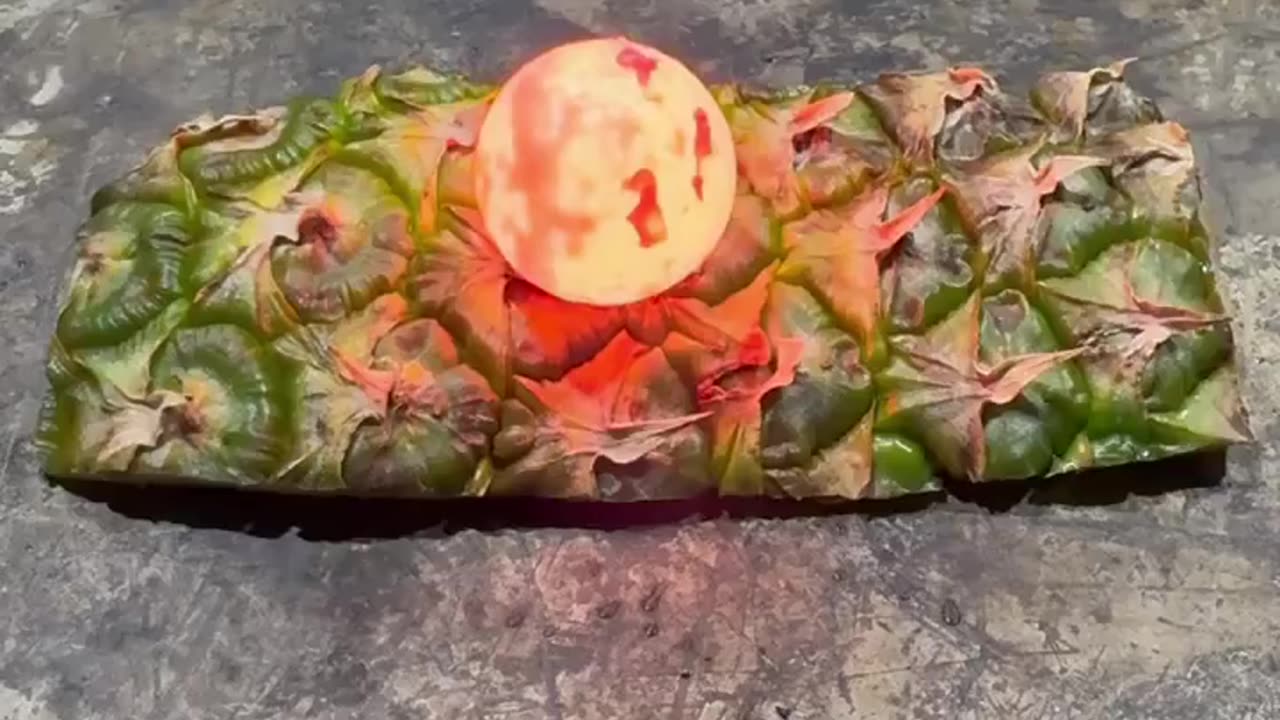 An experiment in which a 1000℃ iron ball was placed on the skin of a discarded pineapple.