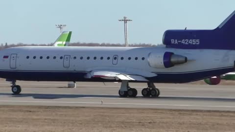A rare nowadays Yak-42D aircraft of the airline "IzhAvia" takes off at Domodedovo Airport