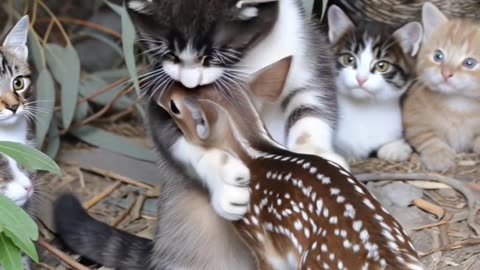 The baby deer is hugged by a kitten