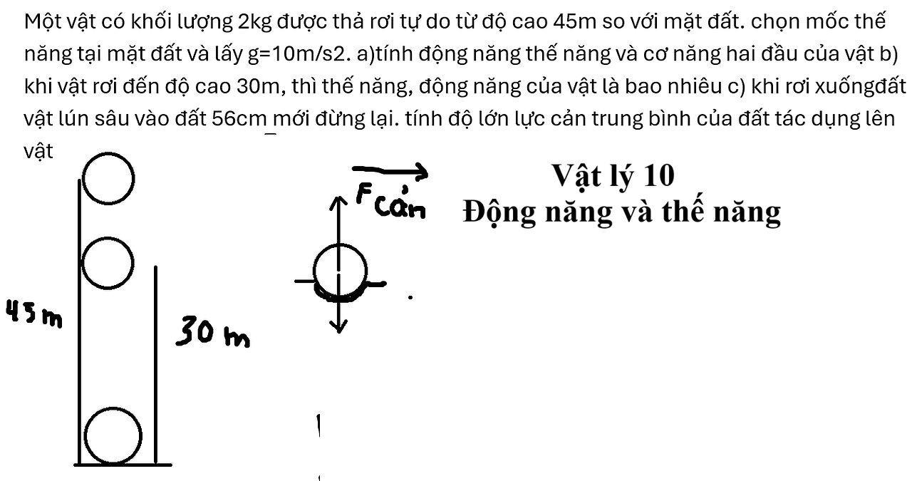 Lý 10: Một vật có khối lượng 2kg được thả rơi tự do từ độ cao 45m so với mặt đất. chọn