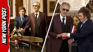 Milei honors Andrea Bocelli with gold chainsaw — awkward handshake moment goes viral