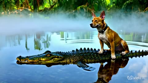 A dog riding on a crocodile
