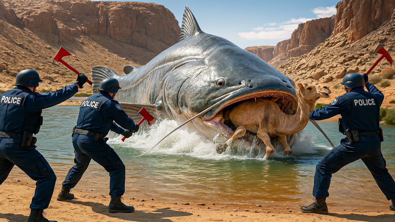 Heroic rescue team saves lone camel in desert from attack by giant catfish
