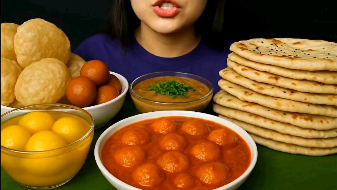 Eating Spicy Dum Aloo, Poori, Soft Naan, Gulab Jamun, Kamol bhog | Big bites | Asmr Eating | Mukbang