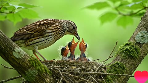 A mother bird is feeding her baby