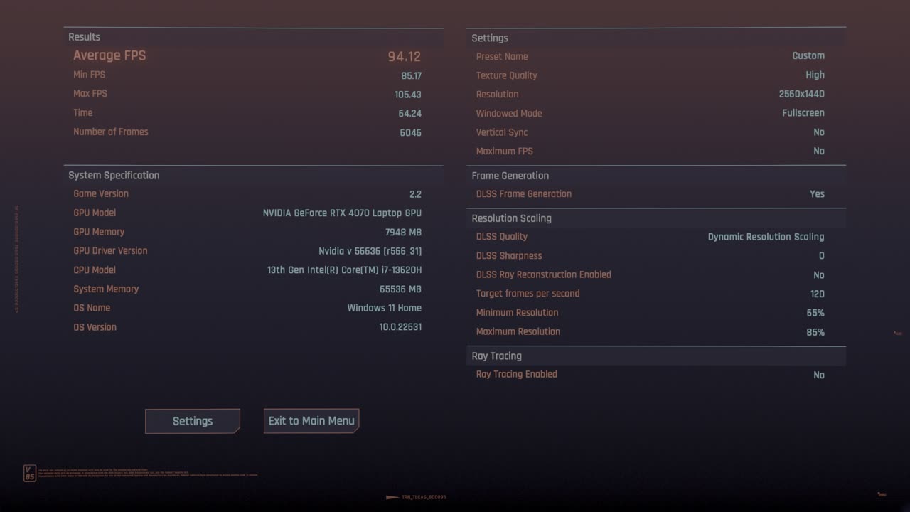 Cyberpunk 2077 (2.2) Benchmark - RTX 4070, DLSS On, RT off, 1440p (94.12 FPS)