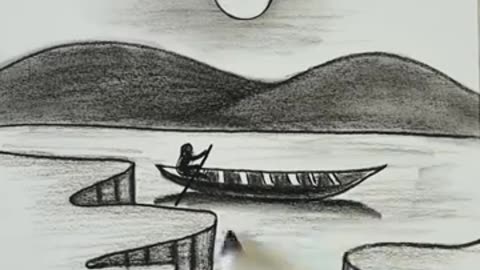 Draw a landscape with a man in a boat