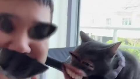 is he laughing or the cat?