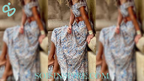 Printed Off-Shoulder Short Sleeve Maxi Dress