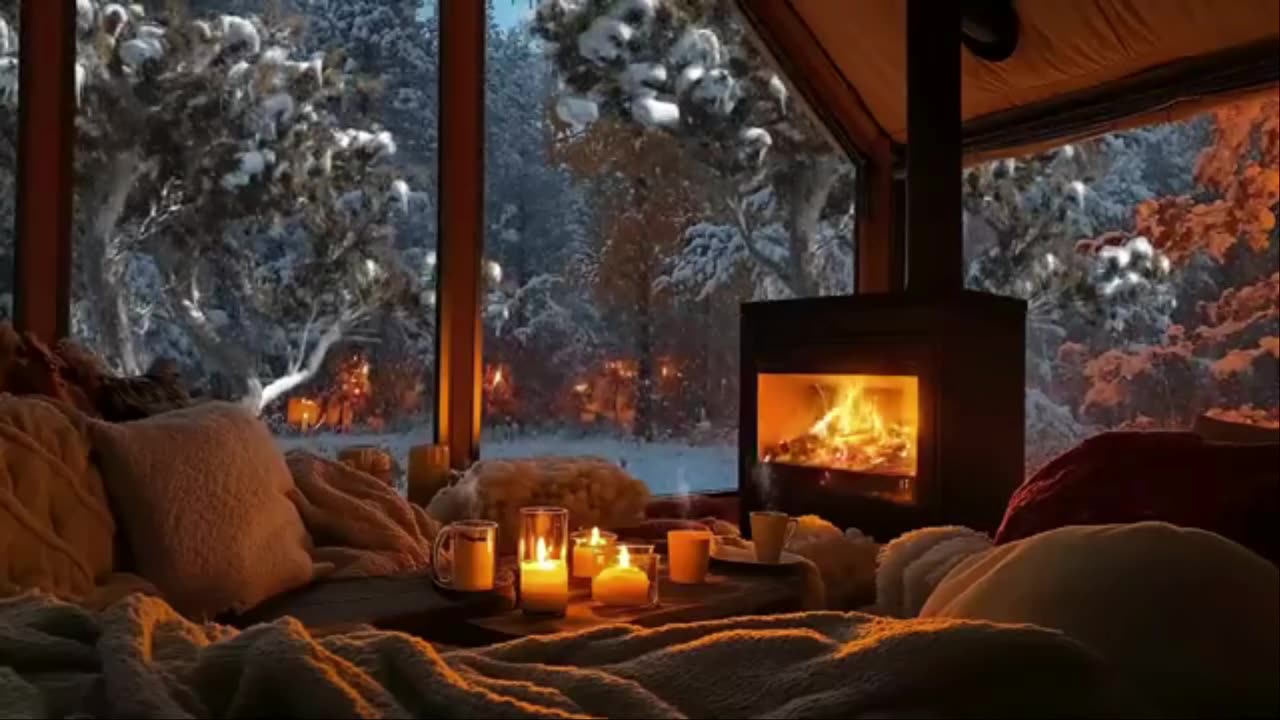 Relaxing Winter Snowfall with Soft Jazz Music Ambience ⛄ Fireplace Sounds for Unwind