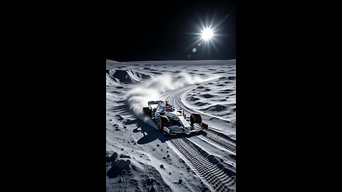A glossy white F1 car roaring up the jagged embankment of a lunar crater