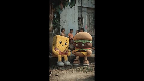 enjoy burger and chowmin discussing about their taste with some children playing.