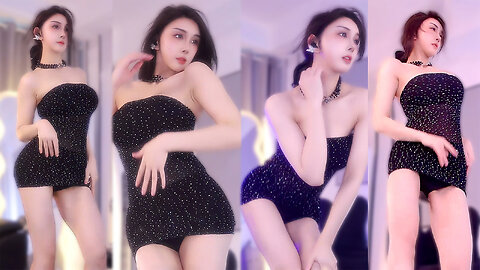 Black strapless bodycon, fair skin and long legs, swaying hips with a playful, daring tease