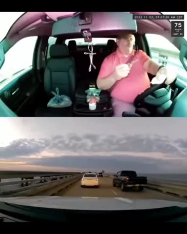 Truck Tries To Squeeze Into Lane, But Eating Driver Causes Him To Fishtail/Keeps Eating...