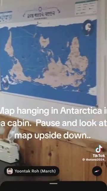 An upside down map hanging in a building in Antarctica