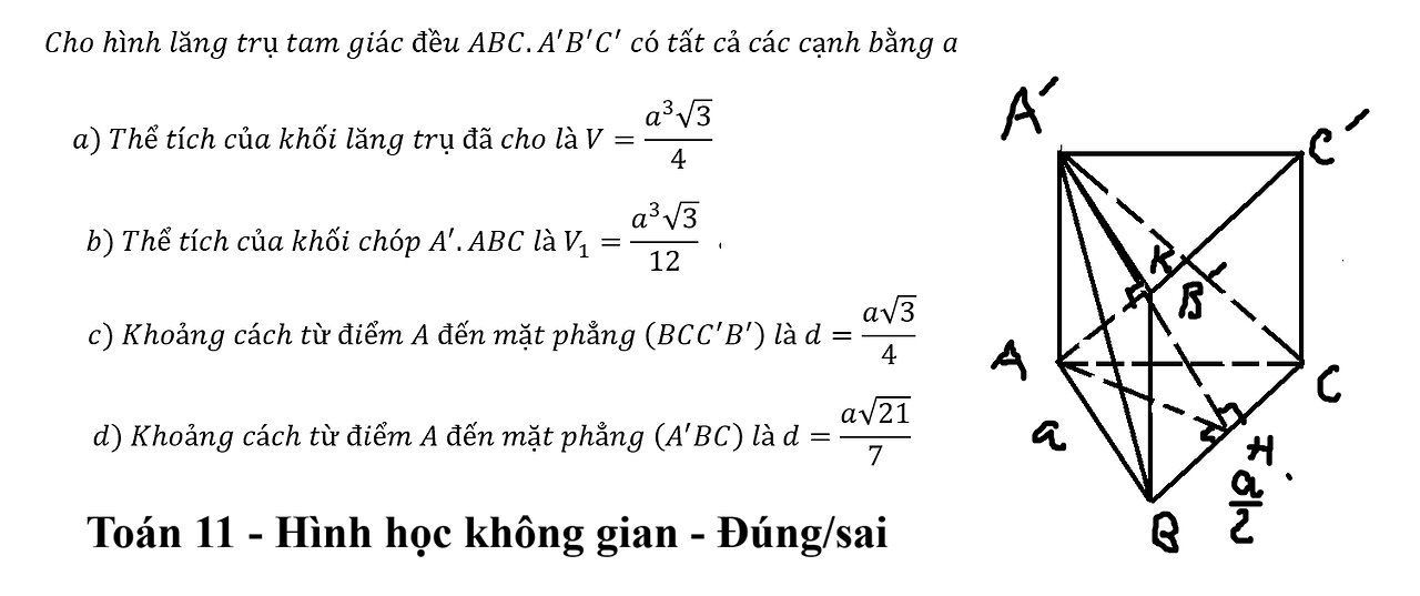 Toán 11: Đúng/sai: Cho hình lăng trụ tam giác đều ABC.A'B'C' có tất cả các cạnh bằng a