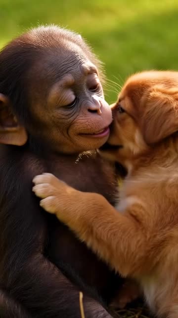 Baby Chimp playing with Puppie