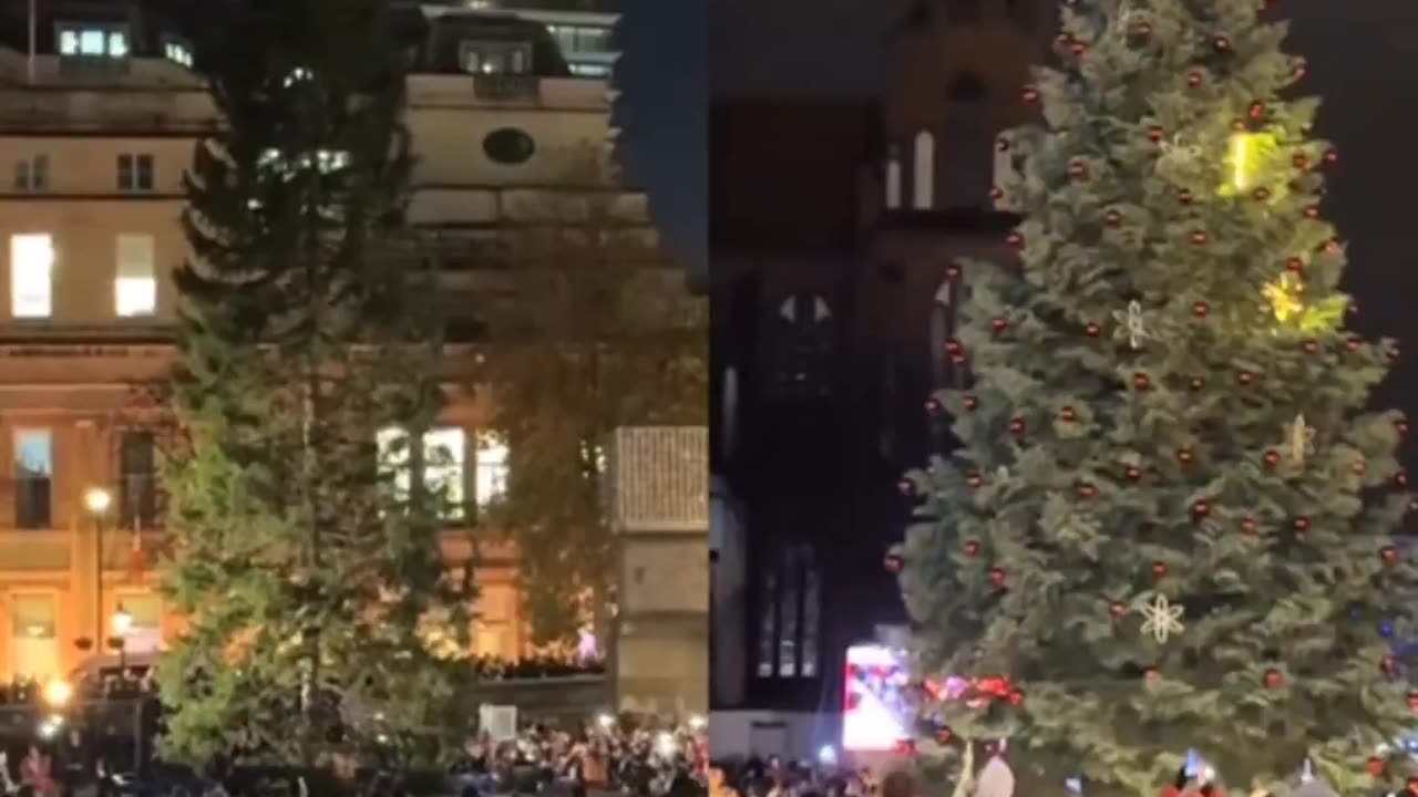 Christmas tree in London and a random Polish city.