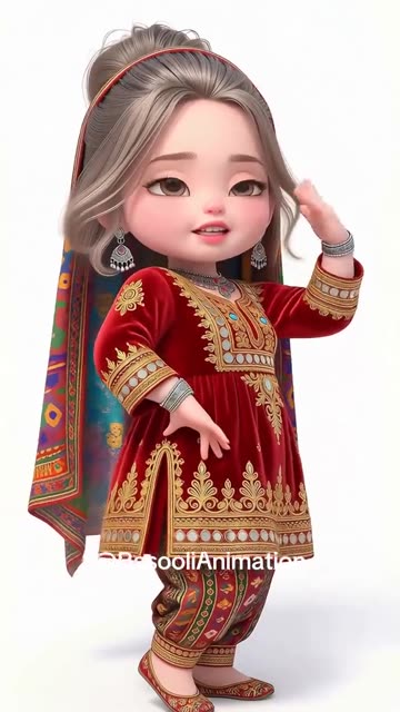 Cartoonish girl in traditional costume dancing and singing on white background motion graphics