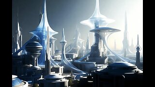 A serene, fantastical photograph of BiliBili City with futuristic architecture and soft lighting.