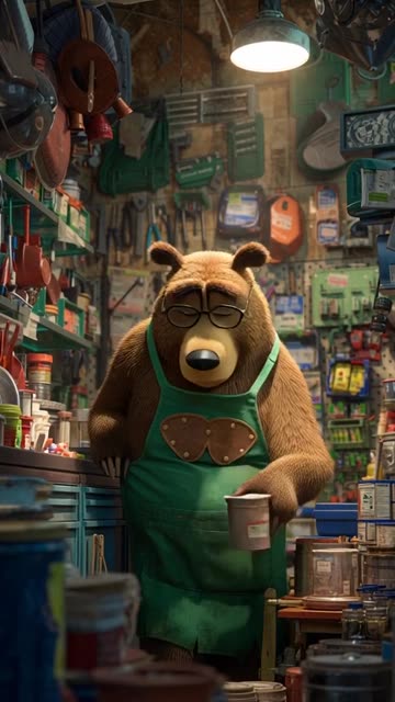 Create a video of an elderly, gruff, grizzled brown bear in a green apron and spectacles,