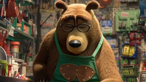 Create a video of an elderly, gruff, grizzled brown bear in a green apron and spectacles,
