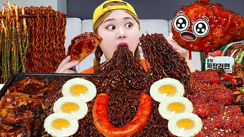 ASMR SPICY Mala Black Bean Noodles Buldak Mushroom swicy food