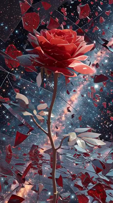 Rose slowly growing raising up into the sky full of stars opens and