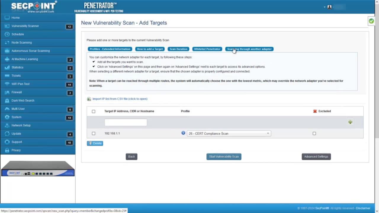 SecPoint Penetrator Vulnerability Scanner Scanning via Another Network Adapter Explanation