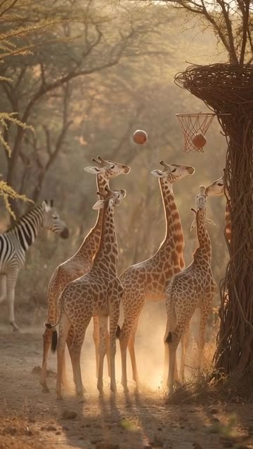 A group of young giraffes gather around a tall acacia tree that has been transformed into a