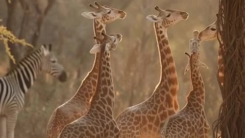 A group of young giraffes gather around a tall acacia tree that has been transformed into a