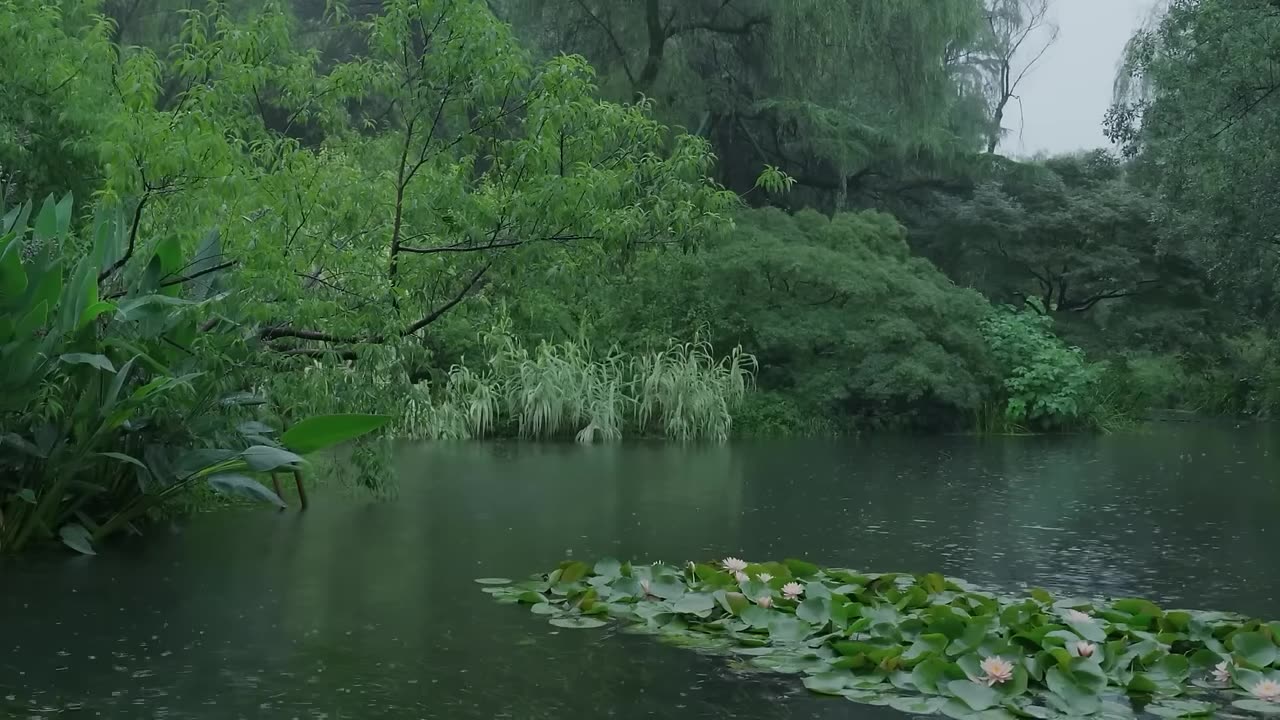 The beautiful little lake is raining