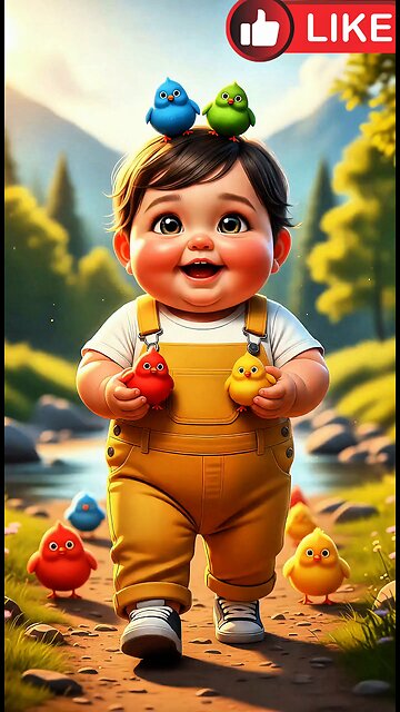 Baby birds and cute children are playing and enjoying themselves by the river. AI generate video