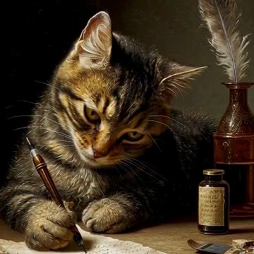 a cat holding a pen and writing on a letter