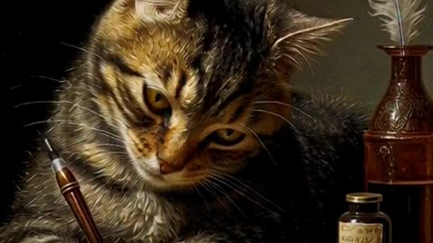 a cat holding a pen and writing on a letter