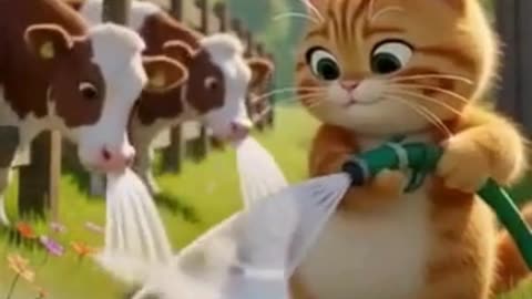 Cute Orange Cat Helps Thirsty Cows on the Farm! 🐱🐄💦