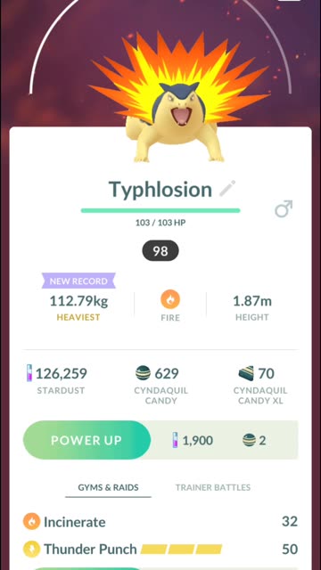Pokemon Go Evolution - 98% iV Cyndaquil ➡️ Quilava ➡️ Typhlosion