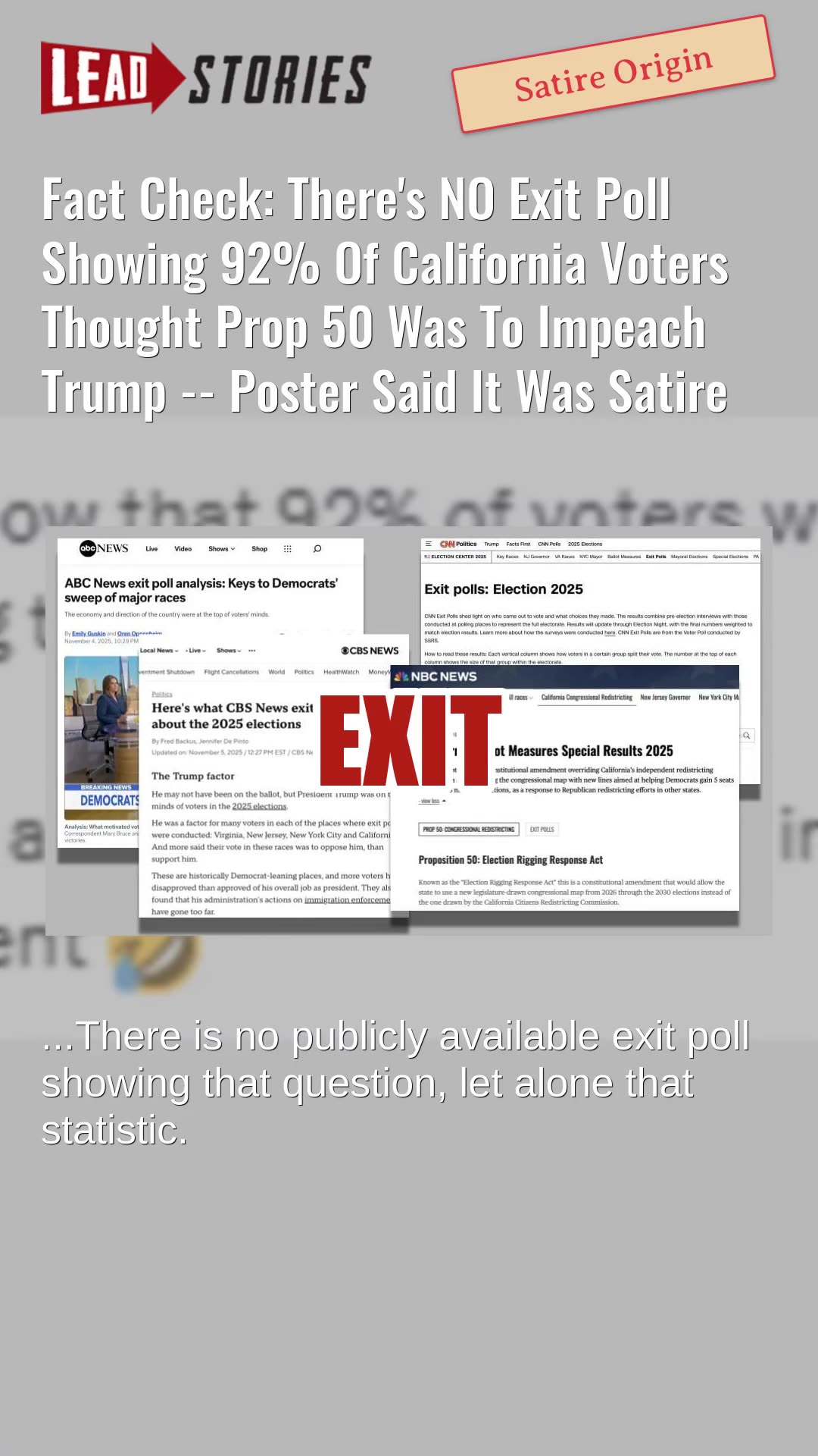 Fact Check: NO Exit Poll Showing 92% Of California Voters Thought Prop 50 Was To Impeach Trump