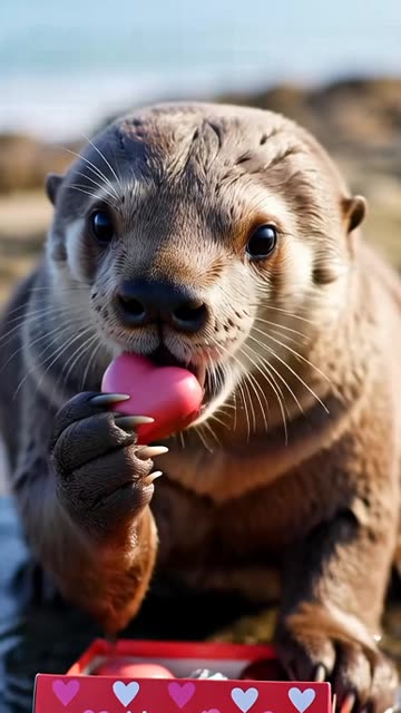 Otter eating Valentine's Chocolates