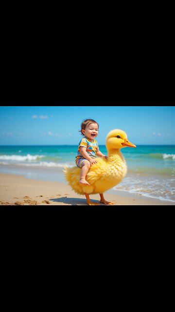 Joyful Ride: Baby's Adventure on a Fluffy Duck! 🦆☀️
