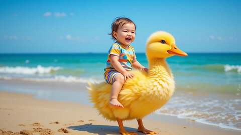 Joyful Ride: Baby's Adventure on a Fluffy Duck! 🦆☀️